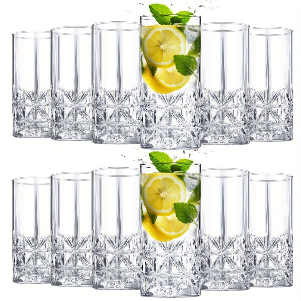 Highball Glasses Set of 12 - 12oz Crystal Clear Vintage Textured Tall Drinking Glasses, Dishwasher Safe Designer Glassware for Cocktail, Tea, Water, Beer & Soda