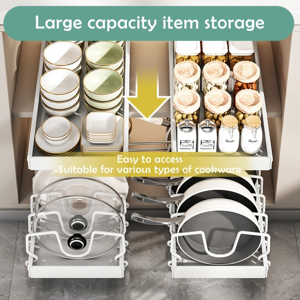 Pull Out Pot Lid Organizer Rack 2pcs Under Cabinet Pots and Pans Organizer, 8 Adjustable Dividers Slide Out Kitchen Cabinet Cookware Baking Sheet Holder, Drill-Free Easy Install
