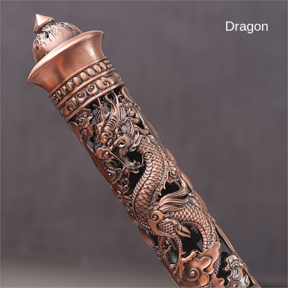 Incense Stick Holder Metal Retro Vertical Design, Dragon & Phoenix Heart Sutra Motif Brass Incense Burner Stand, Home Office Altar Meditation Ceremony Decoration Gift