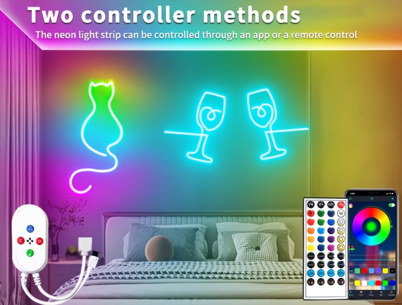 Neon Rope Lights 100ft RGB LED with App & Remote Control, 2 Rolls of 50ft Flexible Neon LED Strip, 24V Safe Low Voltage, for Bedroom, Room Decor, Gaming Setup, Indoor Accent & Holiday Lighting