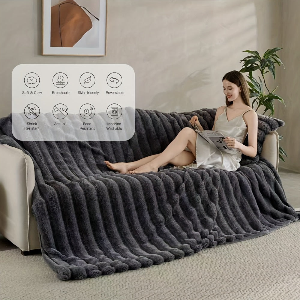 Double-Layer Faux Rabbit Fleece Blanket ¨C 450-500gsm Thickened Soft Warm Throw for Bed, Couch & Travel, All Season, 3 Colors, 5 Sizes