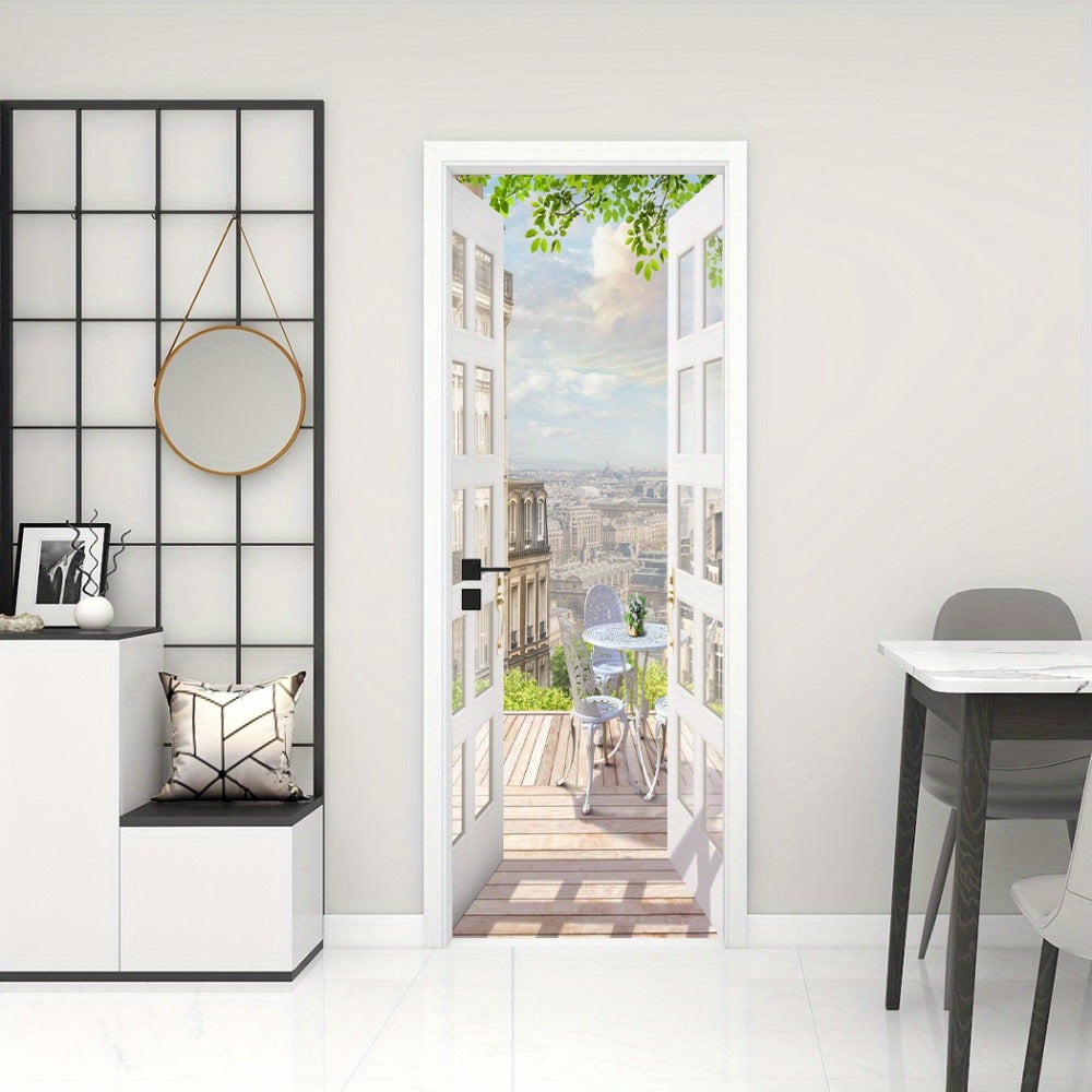 Door Sticker Balcony Scenery Wall Mural ¨C Removable Waterproof Peel & Stick Large Wall Art for Bedroom & Living Room, Faux Window View Home Decor, 35.43 x 78.74 Inches