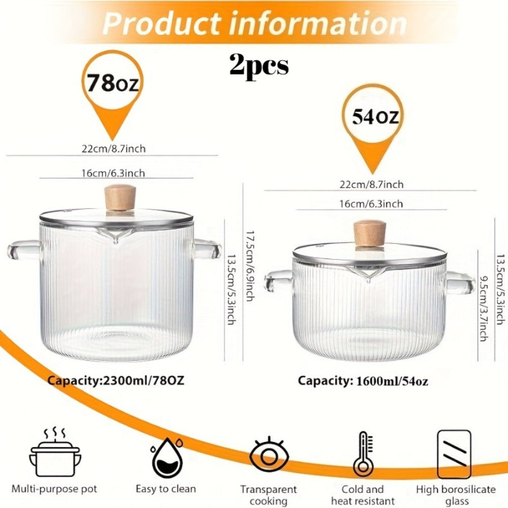 Glass Saucepan Set 2-Pack Stovetop Safe Borosilicate Ribbed Pots with Lids ¨C 78oz & 54oz Heat Resistant Cookware for Soup, Ramen, Milk | Transparent Glass Pot Kitchen Cooking Set with Baking Mat