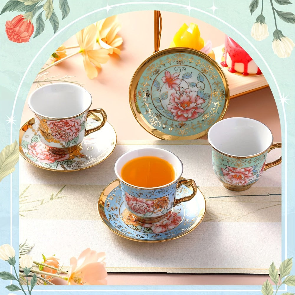 Floral Porcelain Tea Cups and Saucers Set of 12 ¨C 5.4 Oz British Style Tea Party Cups ¨C Classic Elegant Gift for Women ¨C Perfect for Birthday, Mother's Day, Church & Tea Parties