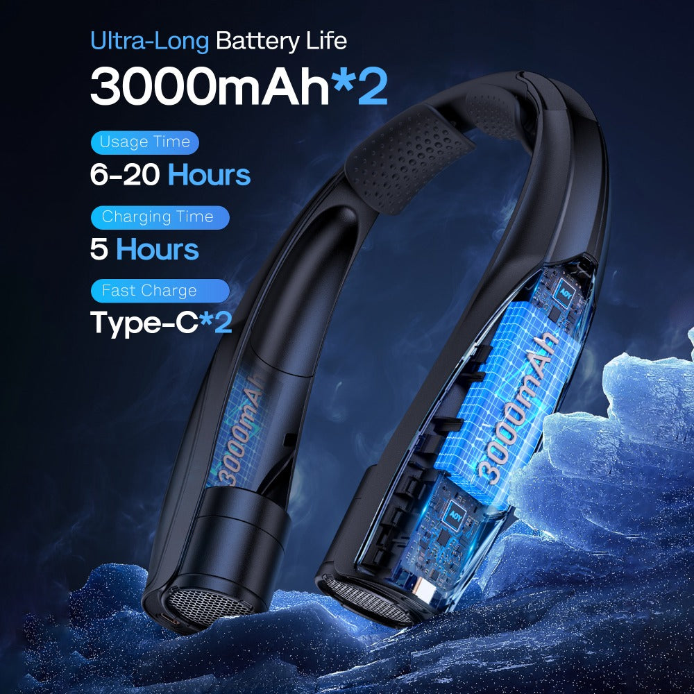 Neck Fan Wearable Bladeless Neckband Fan 3000mAh Dual Battery 6 to 20 Hours Battery Life Dual Wind Speeds Super Quiet Brushless Motor USB Charging Soft Silicone Strap for Work Travel Sports Outdoor