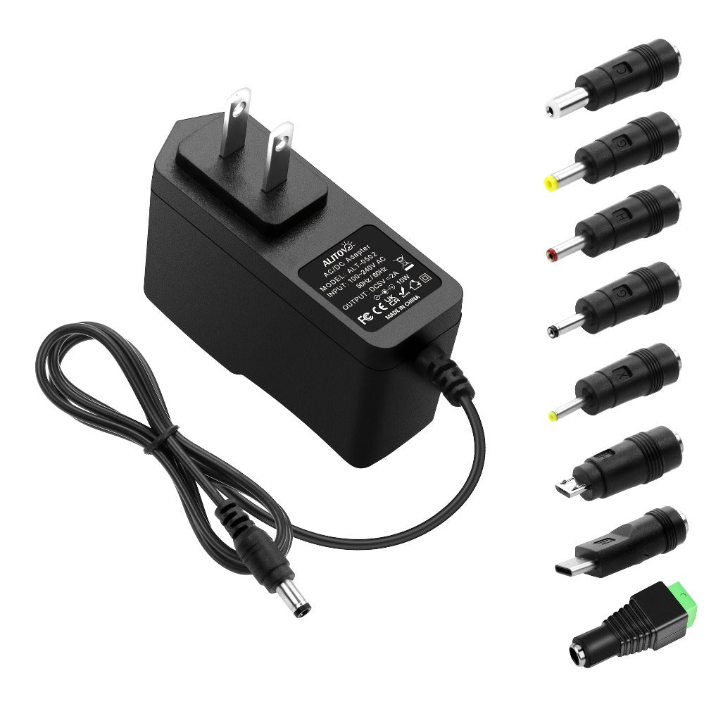 Universal 5V 2A Power Adapter 9-in-1 with 8 Tips - AC/DC 10W Power Supply Type-C Micro-USB Barrel Connectors for Router CCTV LED Strip TV Box