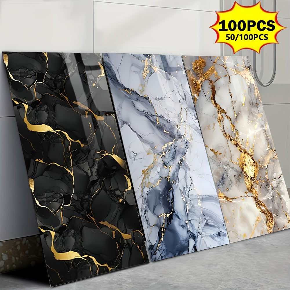 Peel and Stick Marble Tile Stickers ¨C Self Adhesive Foam Wall Tiles for Bathroom Kitchen Office Bohemian Home Decor (50/100pcs, White/Gray/Black/Blue Gold)