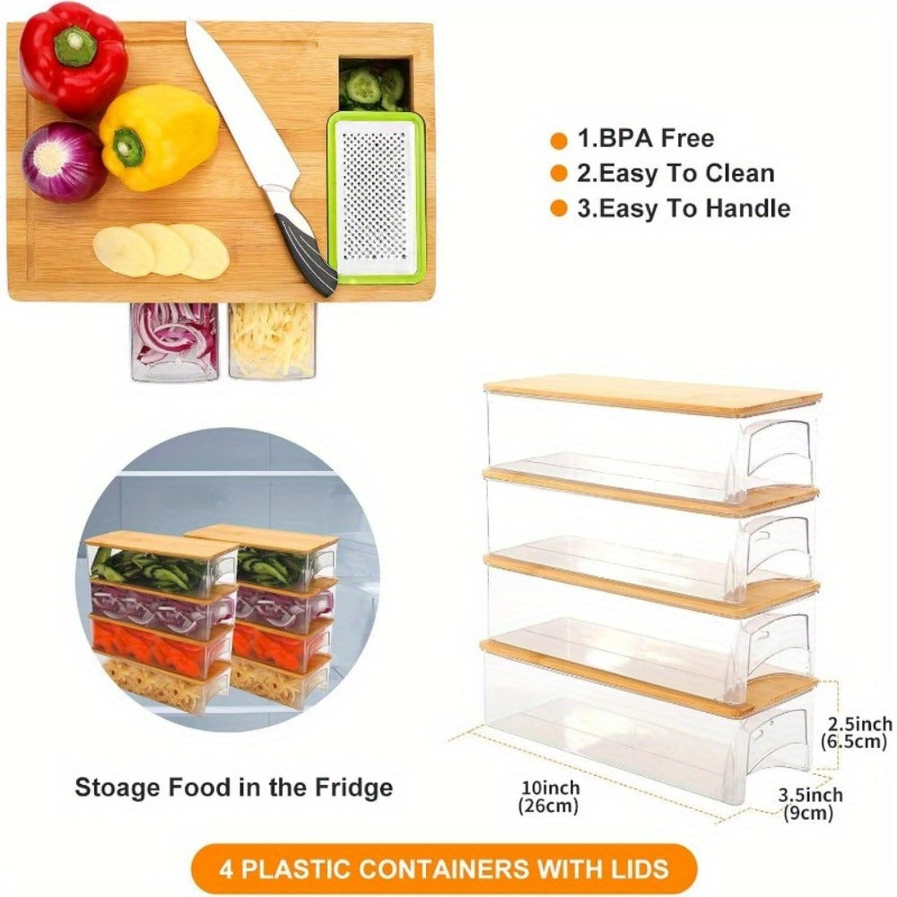 Bamboo Cutting Board with Trays & Drawers ¨C Large Butcher Block Chopping Board with Food Sliding Opening, Stackable Airtight Storage Trays & Bamboo Lids ¨C Kitchen Carving Board Gift for Home Cooks