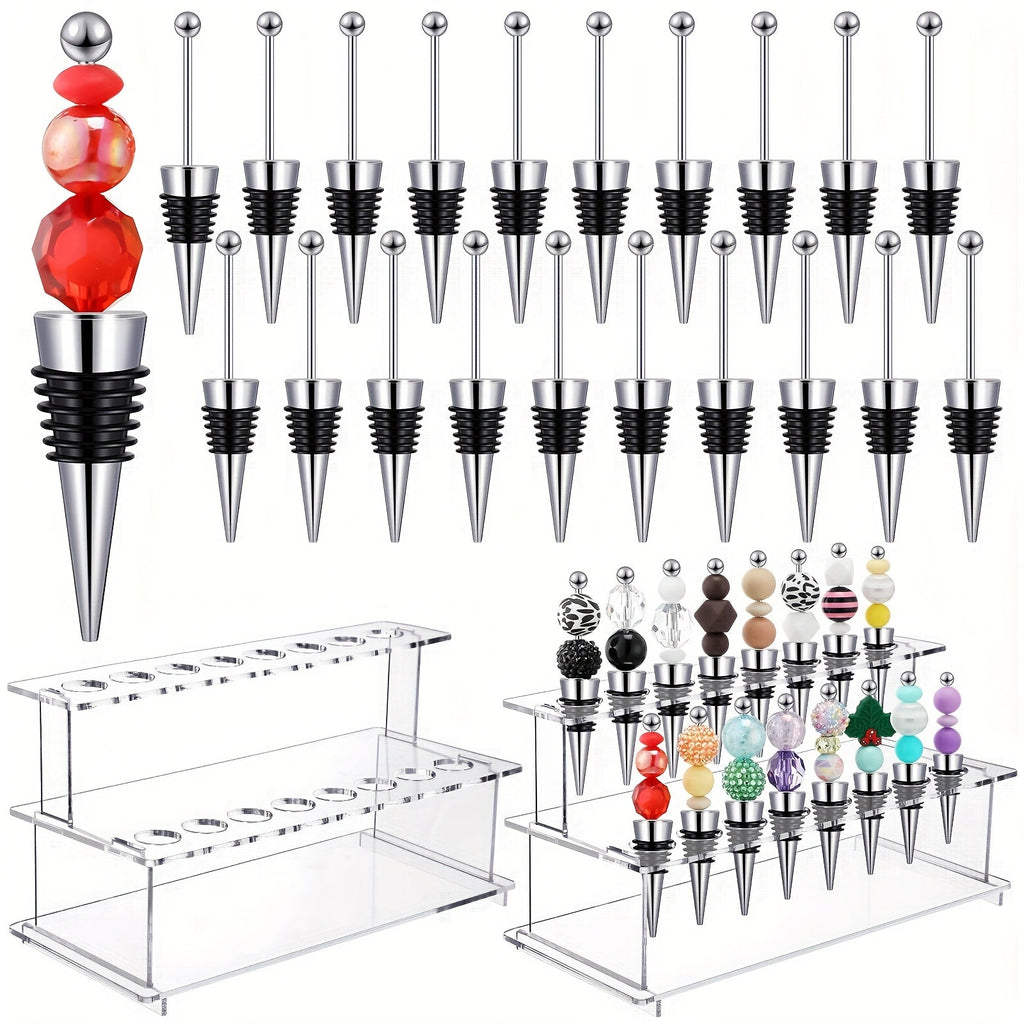 Beadable Wine Bottle Stoppers Set of 20 with 16-Slot Clear Acrylic 2-Tier Display Stand Rack - DIY Customizable Wine Stoppers Holder for Countertop, Wine Bar Decor, Gifts for Wine Lovers