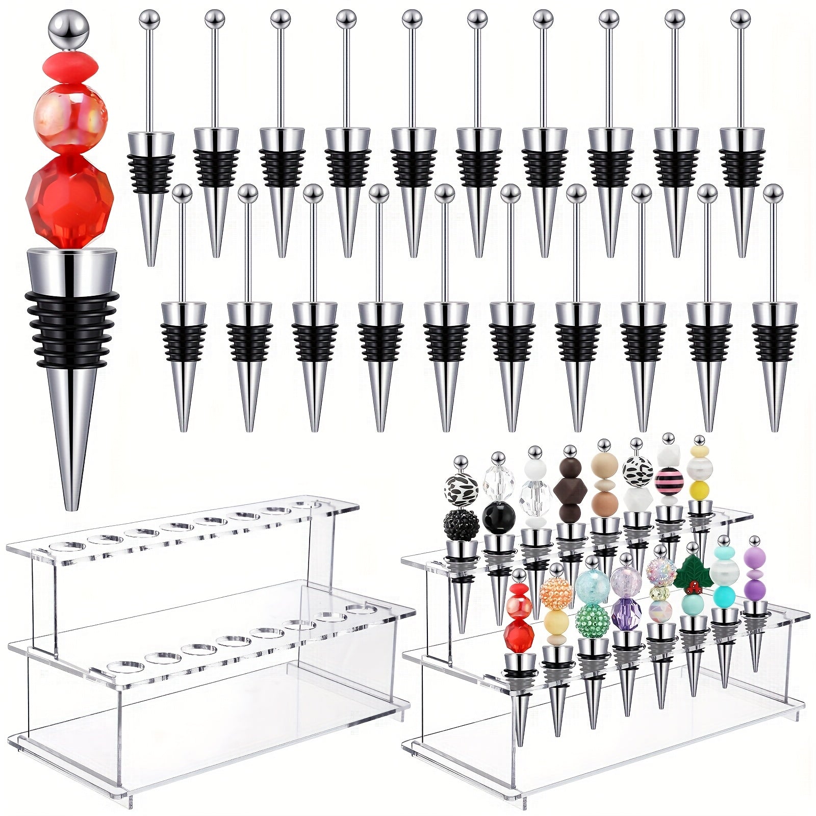 Beadable Wine Bottle Stoppers Set of 20 with 16-Slot Clear Acrylic 2-Tier Display Stand Rack - DIY Customizable Wine Stoppers Holder for Countertop, Wine Bar Decor, Gifts for Wine Lovers