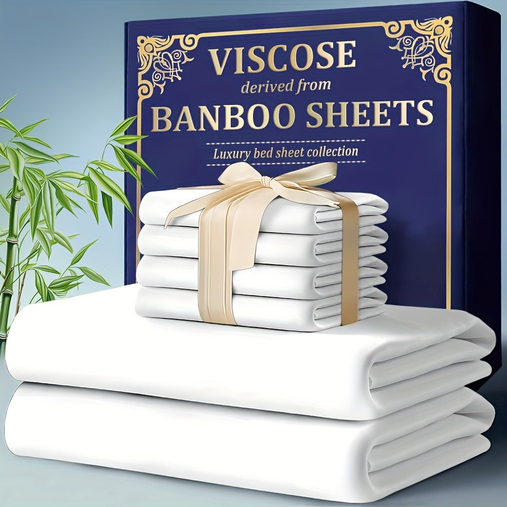 Bamboo Cooling Fitted Sheet Set 2300TC Deep Pocket All Season Bed Sheets | Ultra Soft Breathable Shrink-Resistant Flat Sheet Pillowcases Multiple Colors