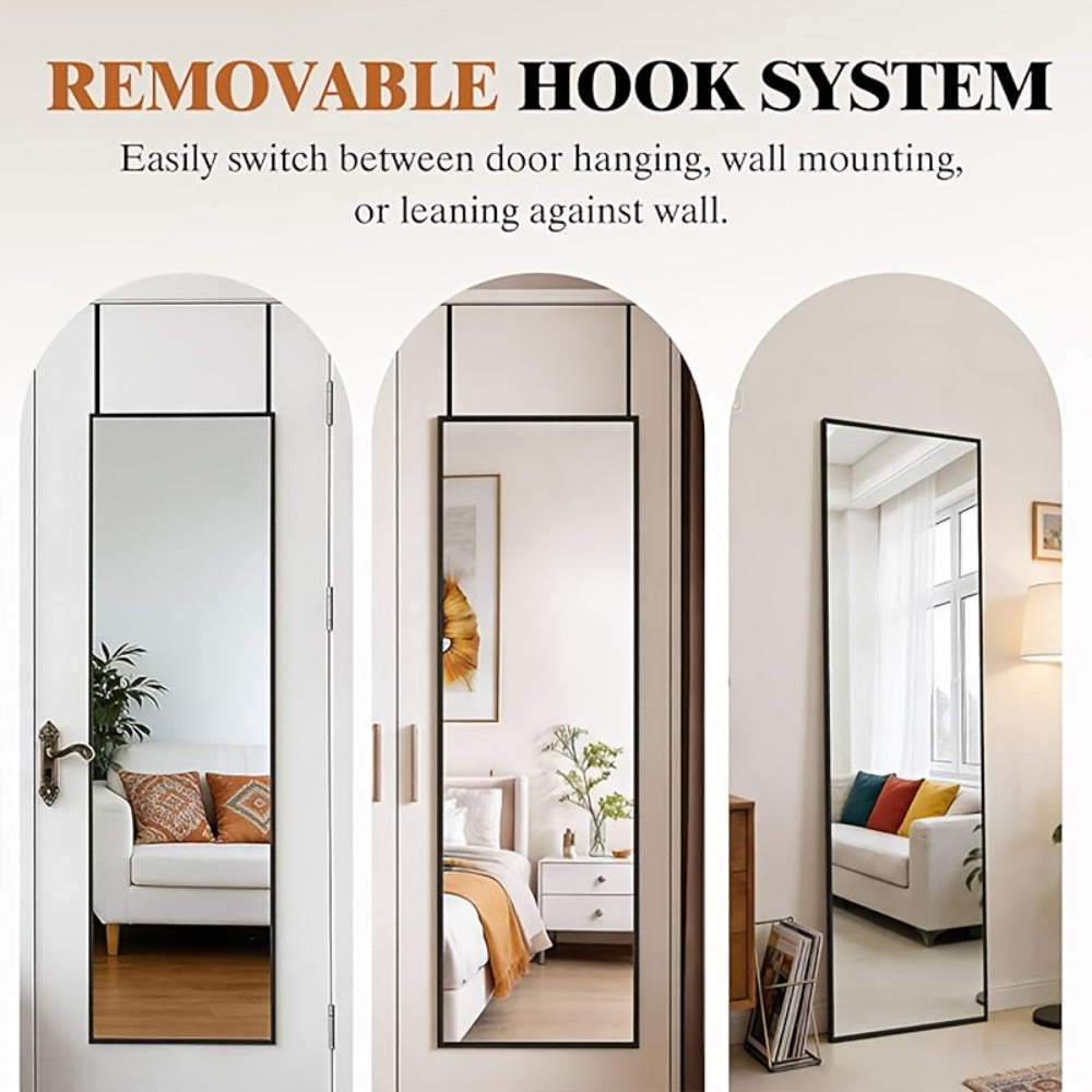 Full Length Mirror 47x14 ¨C Over the Door or Wall Mounted Hanging Mirror, Aluminum Alloy Frame, Full Body Dressing Mirror for Bedroom, Living Room & Entryway, Arched & Rectangular, Black & Gold