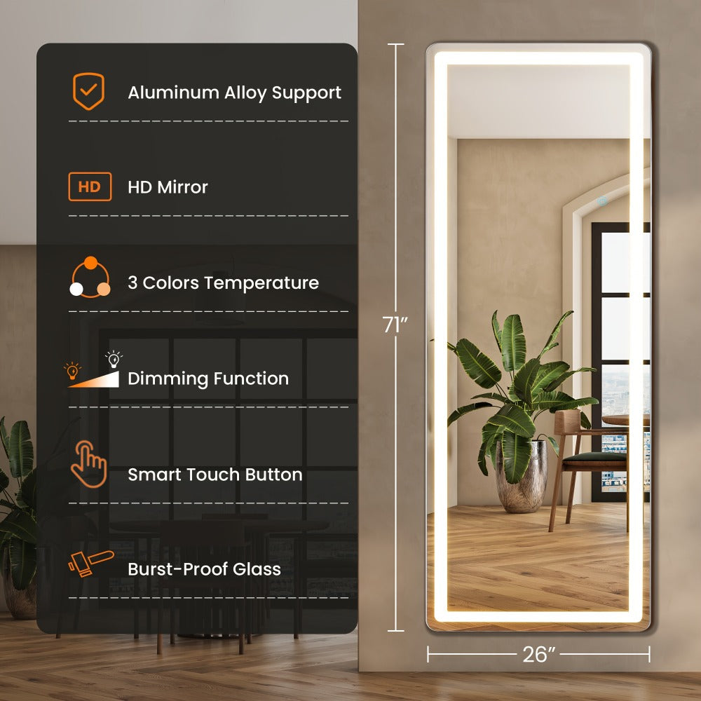 LED Full Length Mirror with Lights, Touch Control Lighted Full Body Mirror, Free Standing Wall Mounted Leaning Bedroom Mirror with LED Light Strip for Dressing Room Vanity