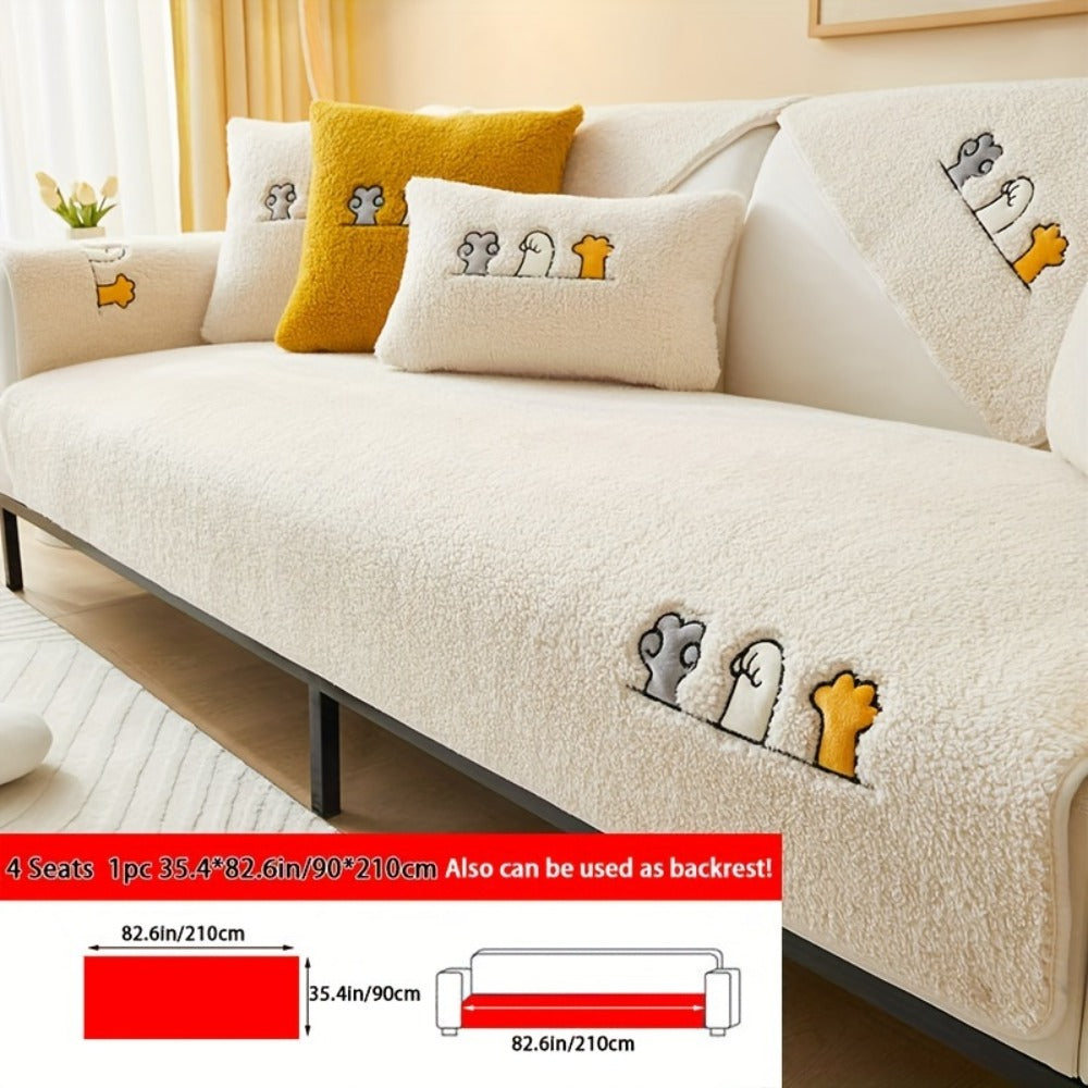 Plush Shearling Sofa Cover Non-Slip Pet-Friendly Couch Protector Animal Bone Embroidery Soft Warm for Living Room Bedroom Office 2 3 4 Seater