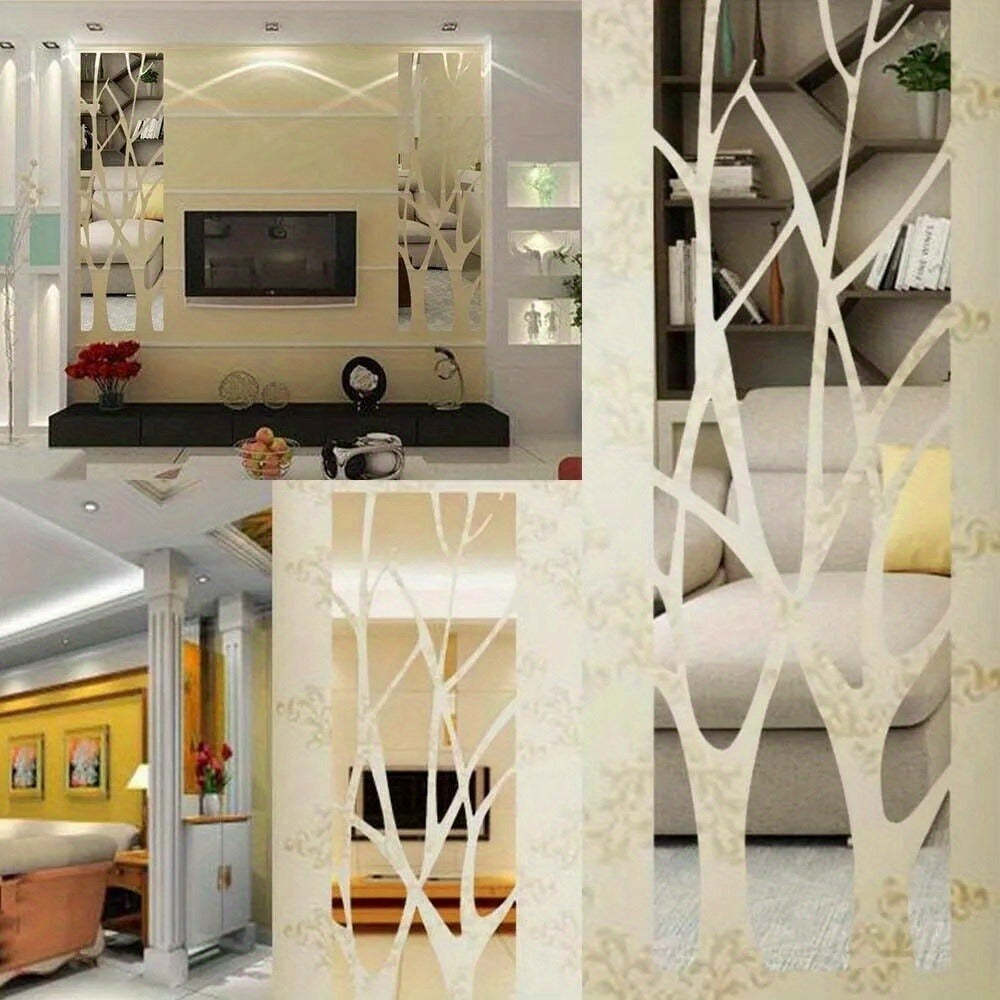 3D Mirror Tree Acrylic Wall Sticker ¨C Removable Reflective Wall Decal for Living Room, Bedroom, TV Wall & Sofa Area | Glossy Silver Mirror Finish Wall Art Decor | 1000x280mm