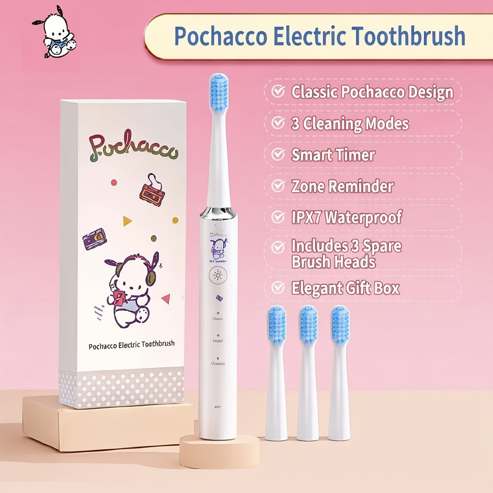 Sanrio Electric Toothbrush Hello Kitty & Pochacco - 4 Cleaning Modes, 4 Intensity Levels, 3 Replacement Brush Heads, 2-Minute Smart Timer, Cute Design Gift for Girls, Birthday, Graduation, Christmas