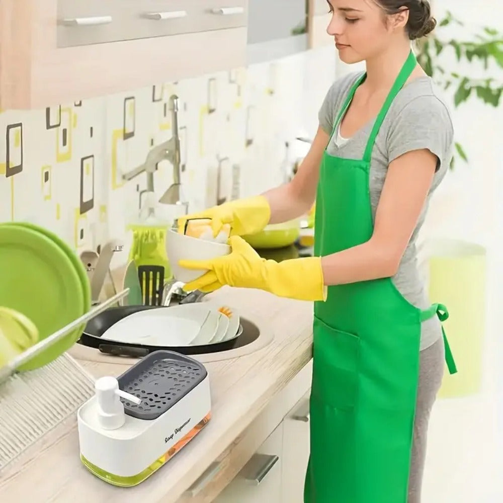 Soap Dispenser with Sponge Holder 2-in-1 - Countertop Dish Soap Pump Dispenser and Sponge Caddy for Kitchen Sink, Multi-Functional Detergent Dispenser with Built-In Sponge Holder, Available in White and Black Upgraded Version