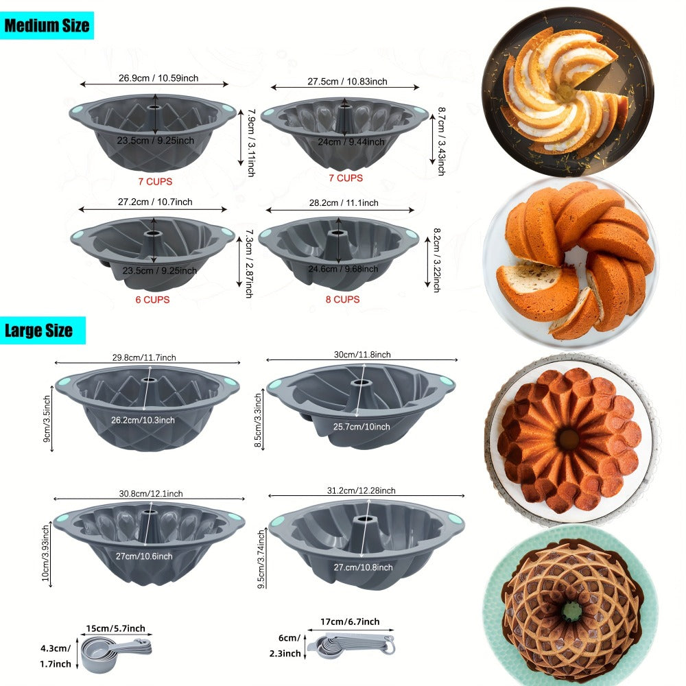 Silicone Bundt Cake Pan Set 9-Piece, Nonstick Fluted Hollow Cake Molds in Crown Nest Spiral Braided Shapes, Easy Release Silicone Baking Molds for Cakes Brownies Flan Meatloaf, Light Gray