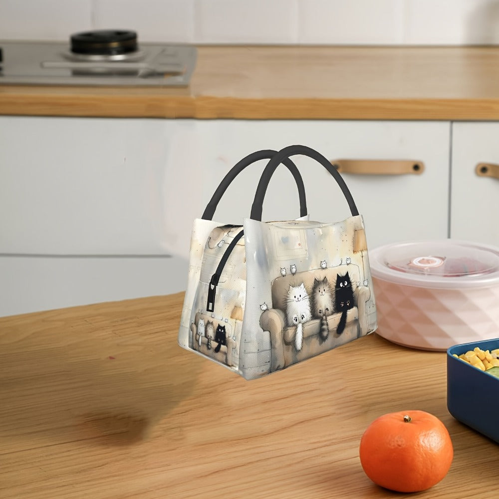 Insulated Lunch Bag with Cat Design - Reusable Polyester Lunch Tote for Women, Portable Cooler Bag for Work, Picnic, Hiking & Beach, Easy to Clean, Animal Print