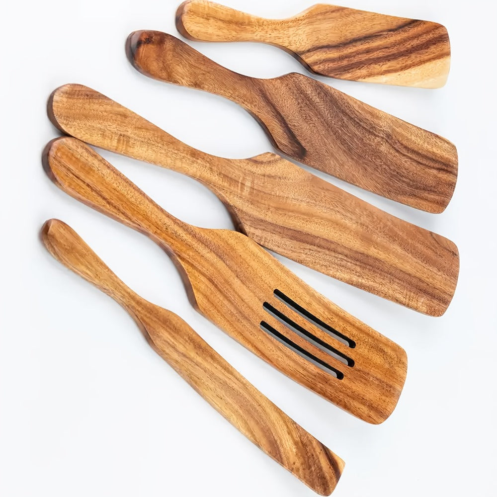Wooden Kitchen Utensils Set 5pcs - Teak Spurtles Spatulas Spoons for Nonstick Cookware, Heat Resistant Non-Scratch Wood Cooking Tools