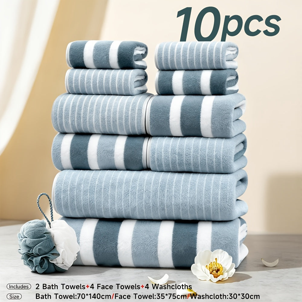 Microfiber Towel Set No Hair Loss Five-Star Hotel Standard - Ultra Soft 100% Polyester Two-Color Striped | 10pcs 3pcs 1pc | Green Brown Gray Red Blue | Bath Face Hand Towels with Bath Ball
