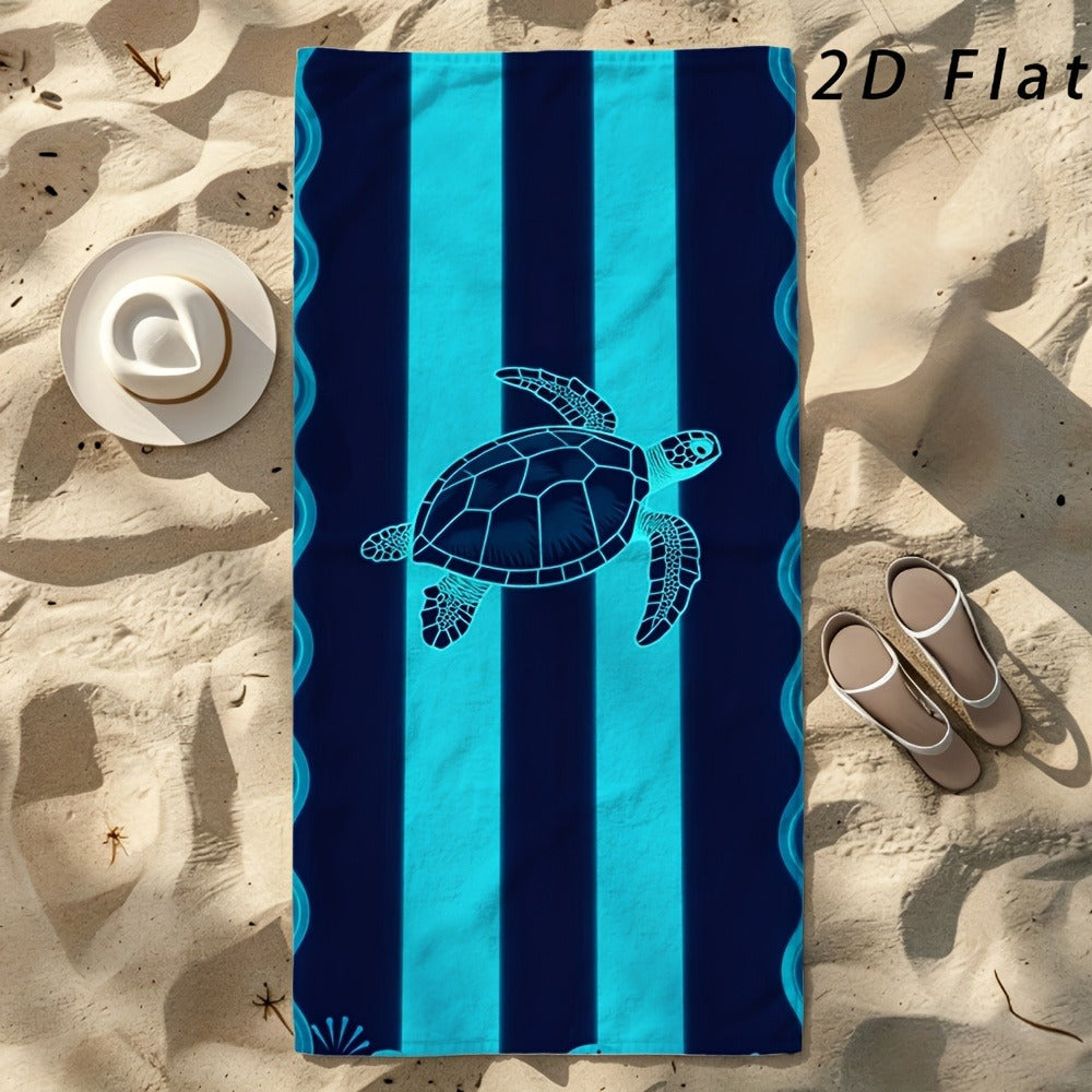 Sea Turtle Beach Towel, Blue Striped Nautical Print, Soft Absorbent Microfiber, Stylized Wave Pattern, Ideal for Beach Trips, Pool Days & Summer Vacations, Lightweight Coastal Design