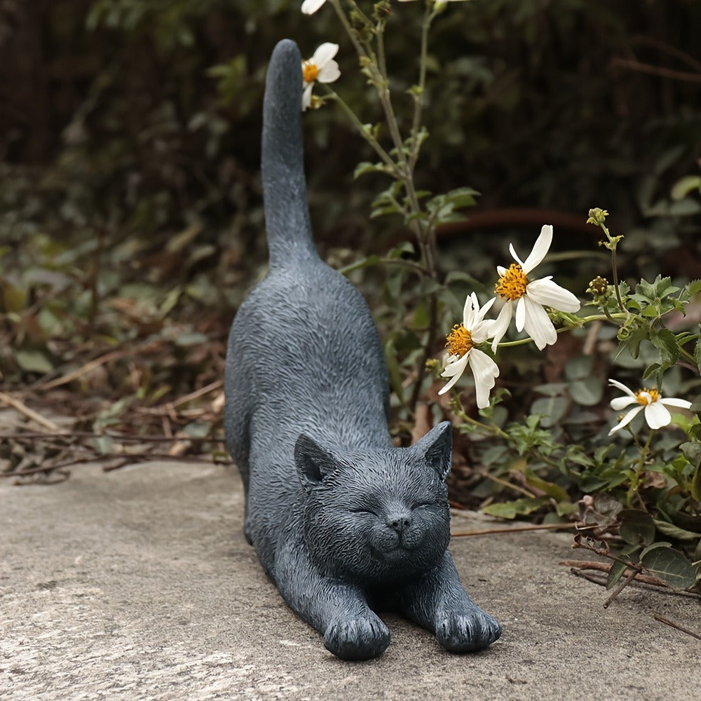 Yoga Cat Statue Hand-Painted Stretching Cat Figurine Grey Resin Decorative Sculpture for Home Office Garden Indoor Outdoor Decor Cat Lover Gift High-Quality Finish Stylish Ornament