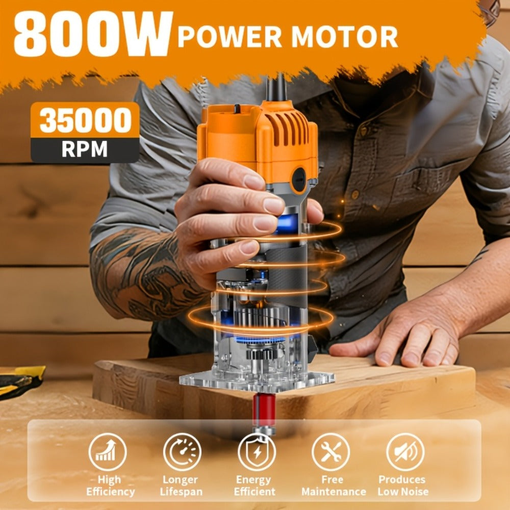 Wood Router Edge Trimmer 800W 6.1Amp Compact Hand Router Tool 35000RPM with Variable Speed, 1/4¡± Collet, Router Bit Set for Woodworking Slotting Carving Edge Treatment DIY Projects