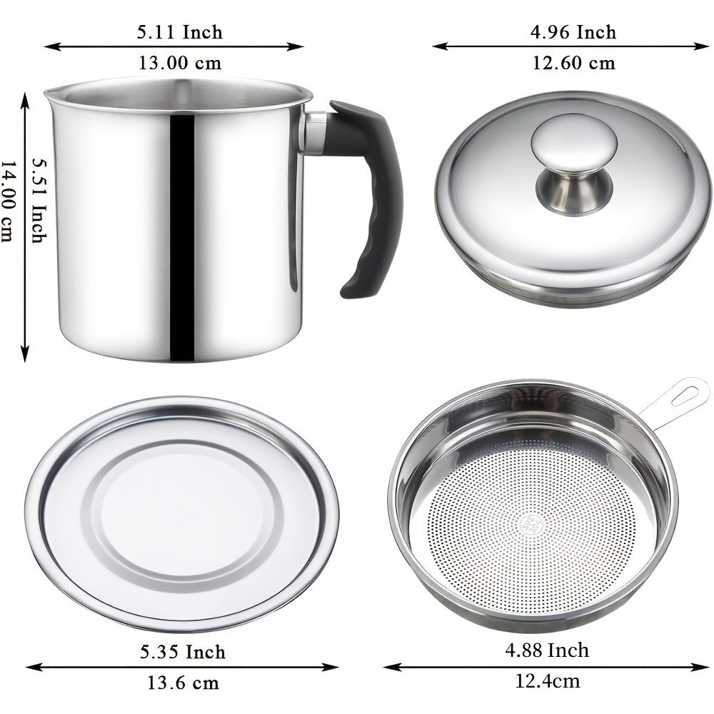 Grease Container with Strainer Stainless Steel BPA Free - Kitchen Bacon Fat Storage Can with Easy Pour Handle for Cooking Oils and Fats, Essential Kitchen Accessory