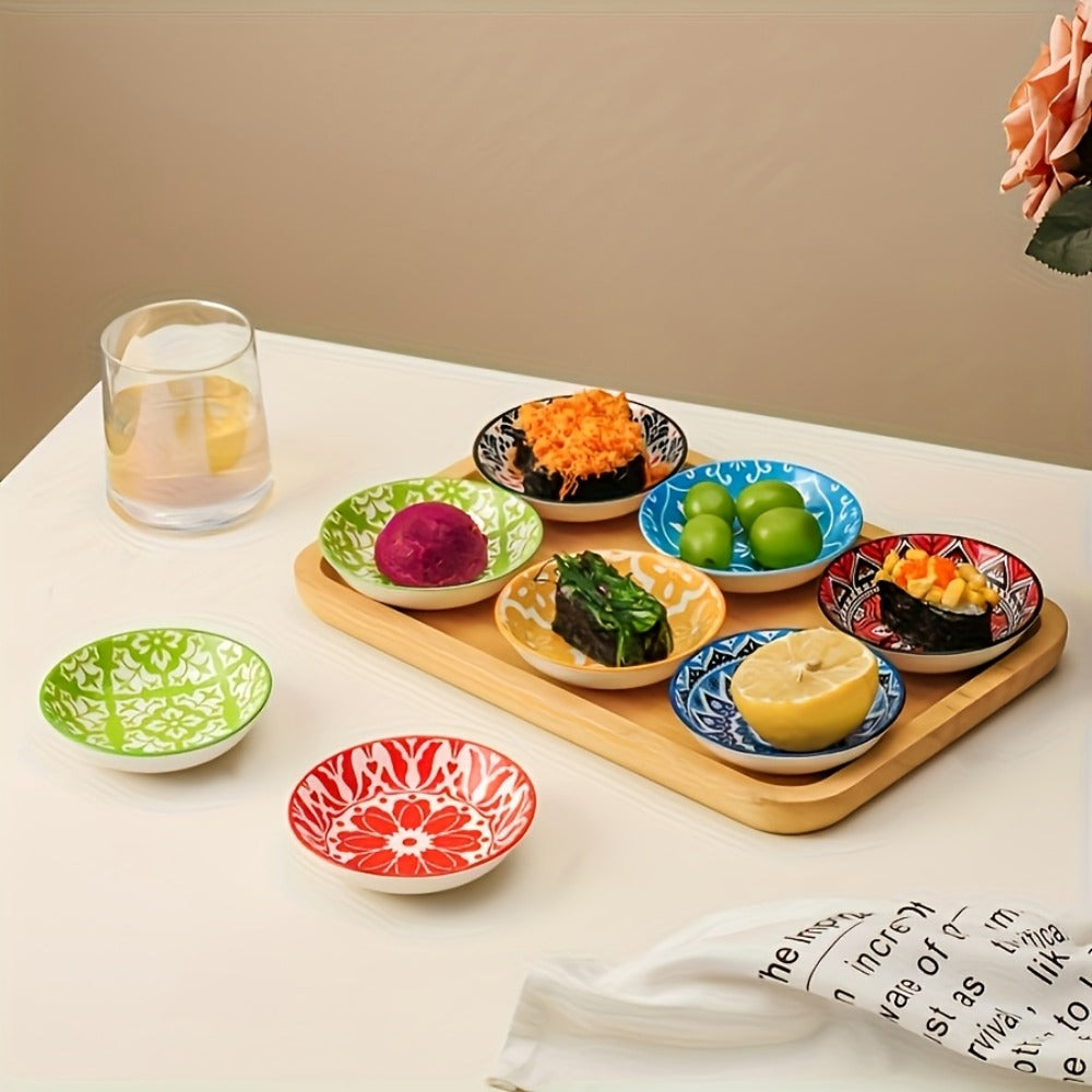 Ceramic Condiment Dish Set of 10 ¨C Bohemian Small Saucer Dipping Bowls for Soy Sauce, Vinegar & Spices | Kitchen, Restaurant, Party, BBQ & Picnic Use | Machine Washable