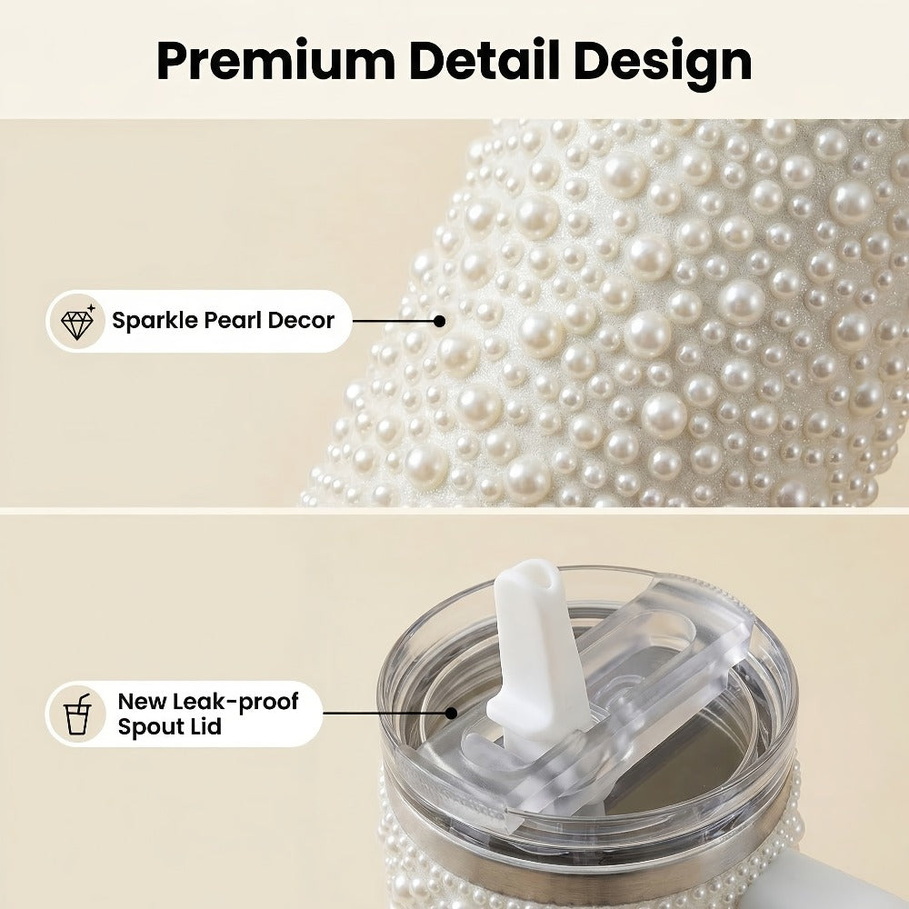 40oz Rhinestone Tumbler with Handle and Straw ¨C Stainless Steel Double Wall Insulated Cup | Pearl Glitter Travel Mug for Sublimation Outdoor Sports Camping Holiday Gift
