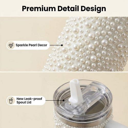 40oz Rhinestone Tumbler with Handle and Straw ¨C Stainless Steel Double Wall Insulated Cup | Pearl Glitter Travel Mug for Sublimation Outdoor Sports Camping Holiday Gift