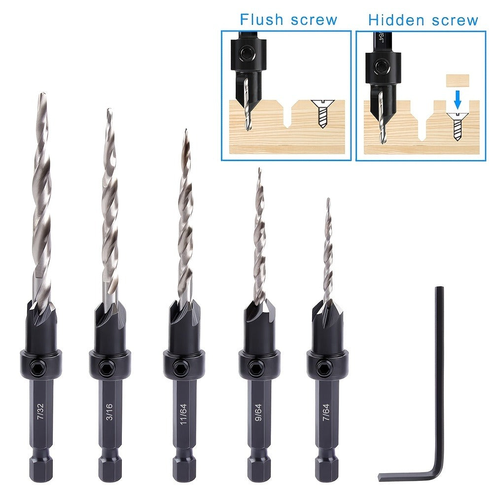 5pcs Countersink Drill Bit Set #4 #6 #8 #10 #12 Tapered with 1/4¡± Hex Shank Quick-Change ¨C Adjustable Wood Counter Sinker Bits with Allen Wrench for Woodworking