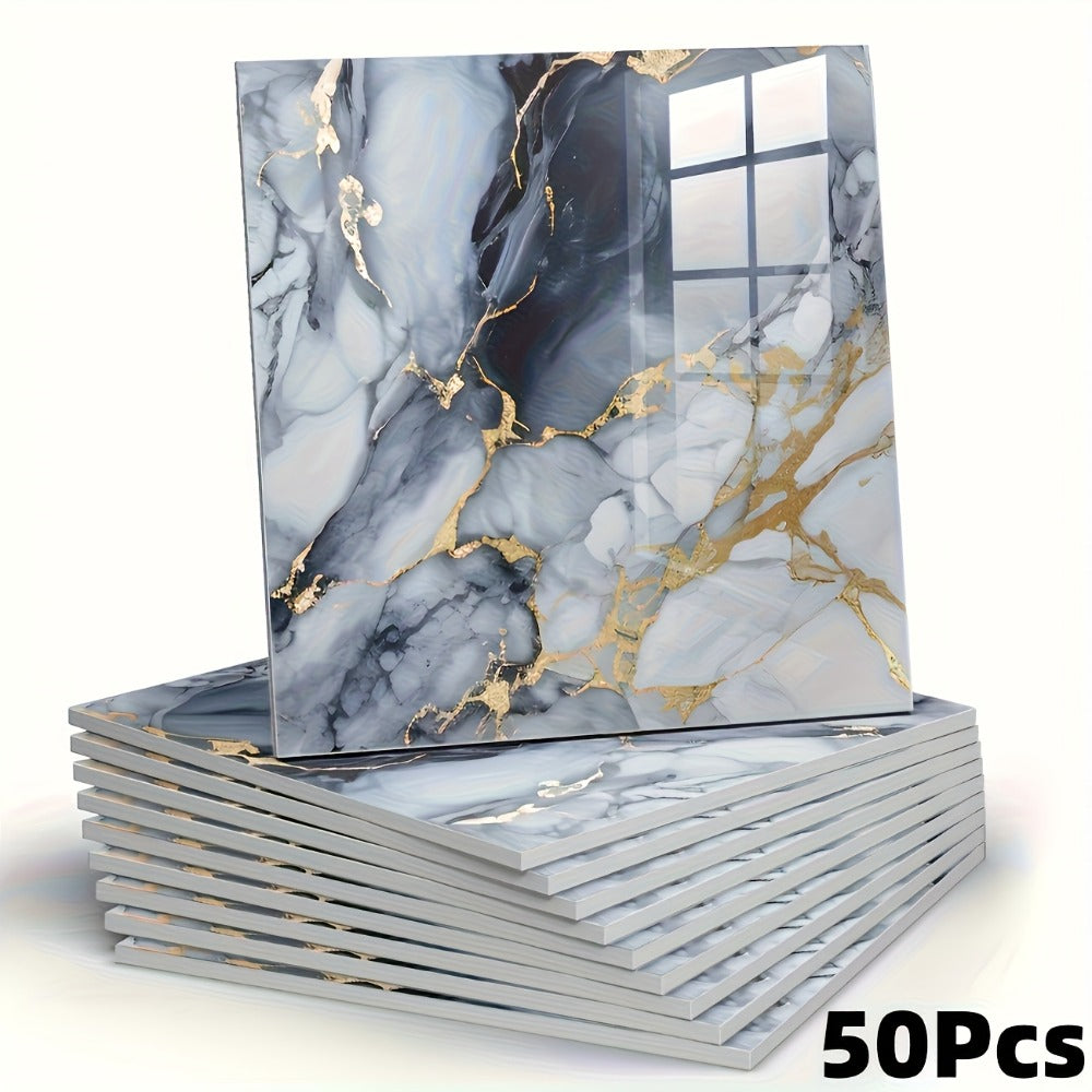 Peel and Stick Wall Tile Stickers Marble Pattern Self-Adhesive Waterproof Glossy Wallpaper 50/100Pcs for Kitchen Bathroom Living Room Home Decor