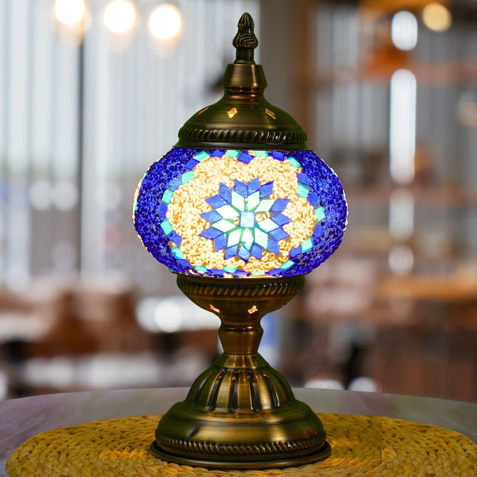 Mosaic Table Lamp Handcrafted Turkish Glass Bedside Lamp 3-Color Dimmable with Metal Base Bulb Included
