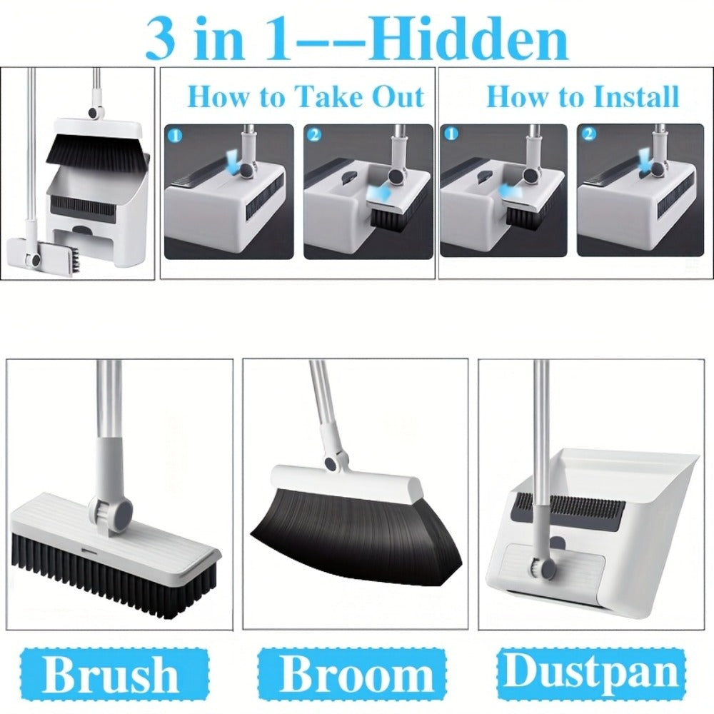 Broom and Dustpan Set with Long Handle - 2-in-1 3-in-1 4-in-1 Foldable Broom Dustpan Combo with Floor Brush for Home Office Dorm Room, Quick Dust Removal Household Cleaning Tool Set, White Pink Blue Orange Purple Grey