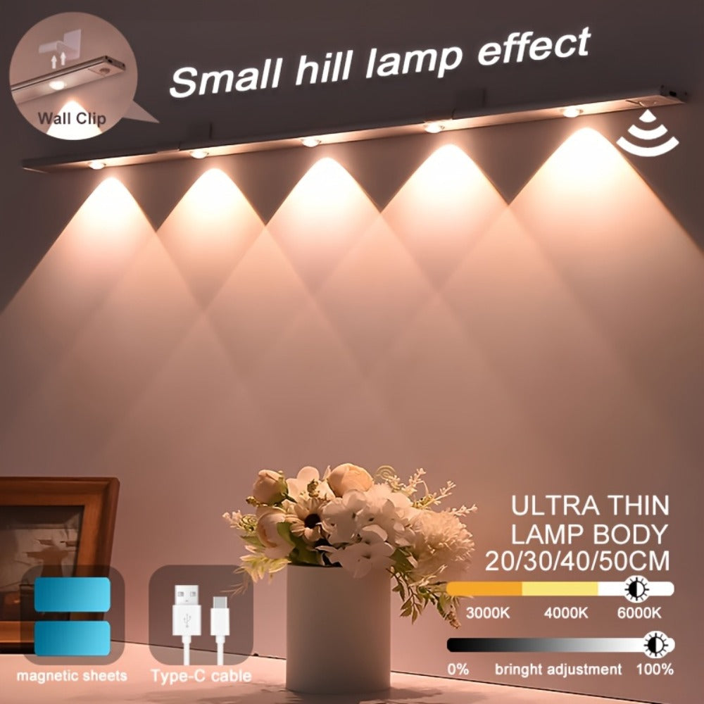 Motion Sensor LED Strip Light USB Rechargeable ¨C 3-Color Dimmable Wireless Night Light for Kitchen, Wardrobe, Cabinet, Shoe Cabinet & Bedroom (20cm / 30cm / 40cm / 50cm, 1 or 2 Pack)