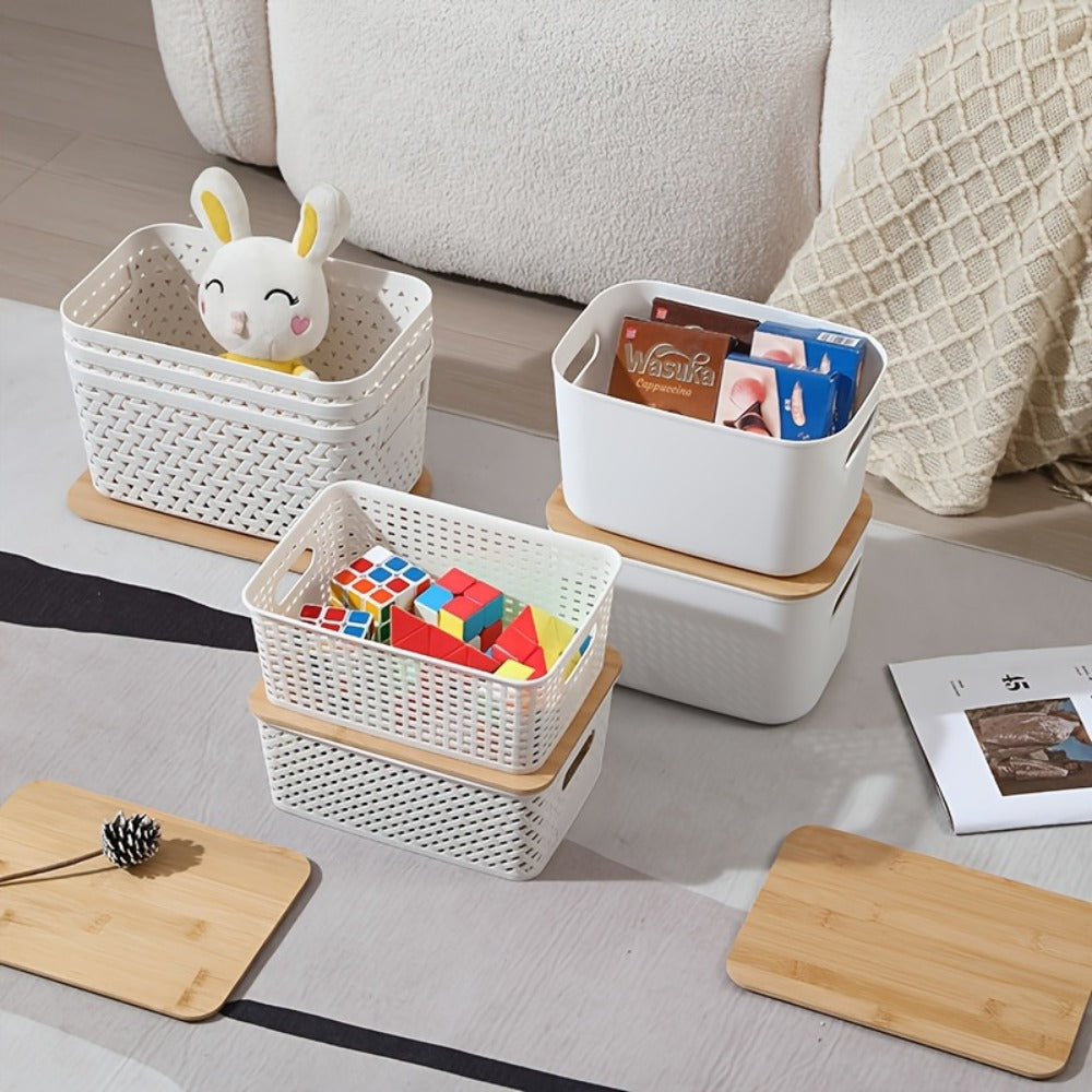 Storage Basket Set with Lids 8pcs ¨C Plastic Desktop Organizer Bins for Document Storage, Shelf Organization & Home Office ¨C Flip-Top Lid Baskets, White