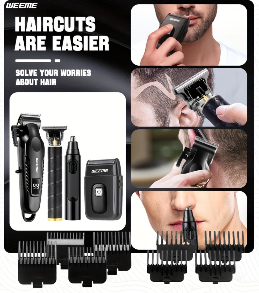 Men's Grooming Kit 4-Piece Set ¨C USB Rechargeable Hair Clipper, Nose Trimmer, Electric Shaver & T9 Detailer with 8 Guide Combs, Professional Cordless Beard Trimmer Set for Men