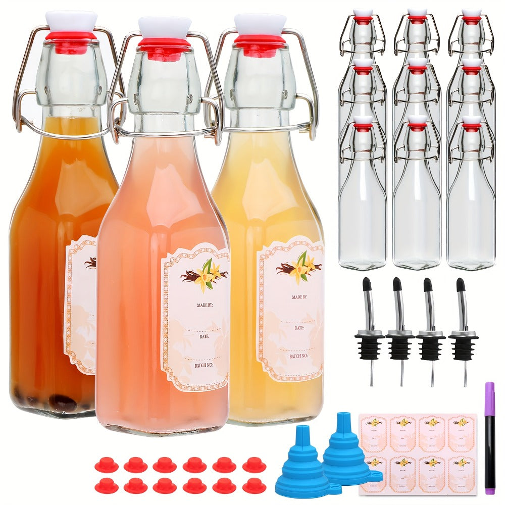 Glass Bottles with Airtight Lids 8oz - 6 9 12 Pack Clear Kitchen Storage Bottles for Kombucha Home Brewing Vanilla Extract Vinegar Homemade Juice Water Soda | Meal Prep Pantry Organization