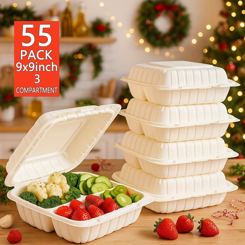 Disposable Food Containers Take Out Boxes with Lids - 7¡± 8¡± 9¡± Plastic Clamshell Meal Prep Containers BPA Free 1 & 3 Compartment Heavy Duty Reusable White