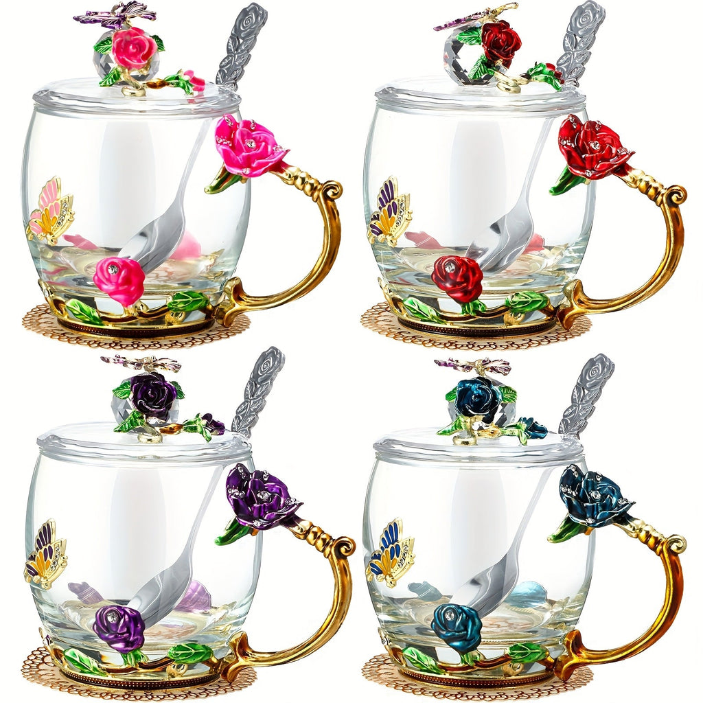 Flower Glass Tea Cups with Lids and Spoon Set of 4 ¨C Butterfly Floral Vintage Clear Glass Mugs 11oz, Fancy Teacup Gift Set for Women Mom Wife Girlfriend, Pink Purple Blue Red