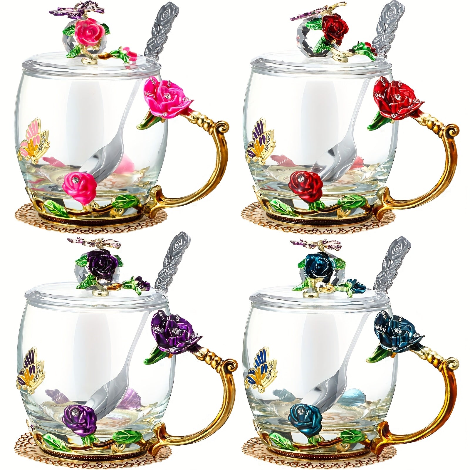Flower Glass Tea Cups with Lids and Spoon Set of 4 ¨C Butterfly Floral Vintage Clear Glass Mugs 11oz, Fancy Teacup Gift Set for Women Mom Wife Girlfriend, Pink Purple Blue Red