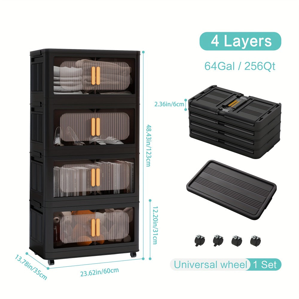 Rolling Storage Cart 4 5 Tier Double Door Collapsible Stackable Plastic Organizer with 360 Lockable Wheels Space Saving Bin for Dorm Office Closet Bedroom Garage Gym