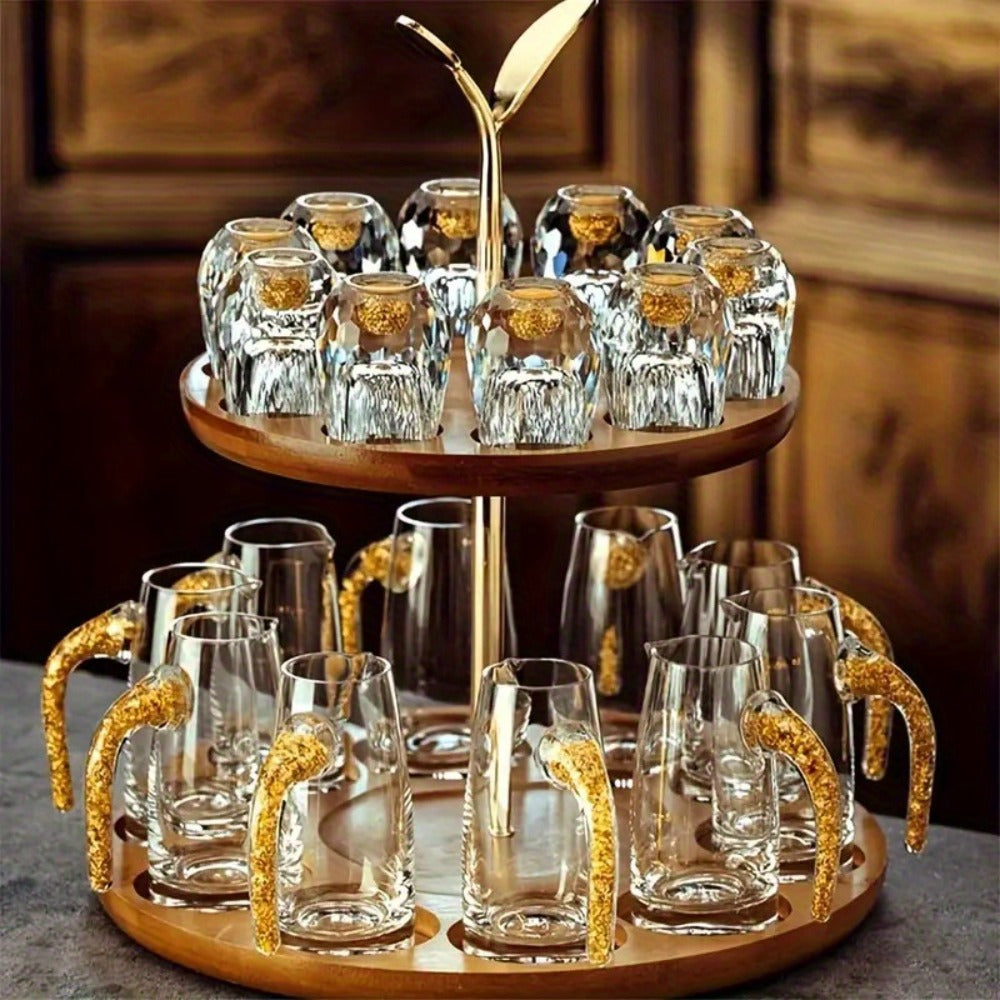 24K Gold Plated Crystal Wine Set ¨C 1 Decanter & 6 Cups with Leakproof Crystal Glasses ¨C Elegant Black Gift Box ¨C Luxury Home Bar, Wedding & Party Gift for Wine Lovers