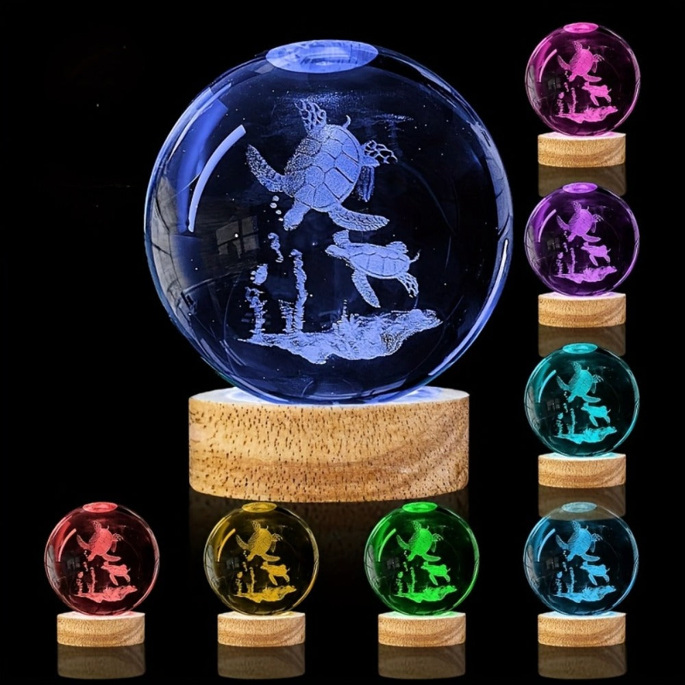 3D Sea Turtle Crystal Ball Night Light ¨C LED Color Glow Glass Orb Lamp with Bamboo Base, Ocean Animal Figurine Desk Light for Home Bedroom Decor, Unique Gift for Turtle Lovers, Elders & Friends (2.36in)
