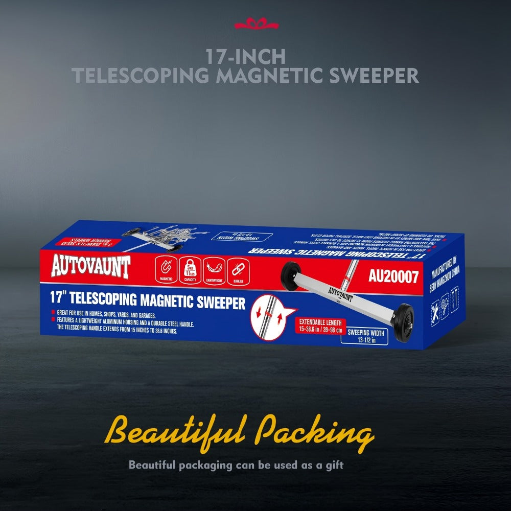 Rolling Magnetic Sweeper 17-Inch with Wheels ¨C Heavy Duty 8.8lb Capacity Telescoping Adjustable Handle 15¨C38 Inch Picks Up Screws Nails Nuts for Garage Workshop Construction