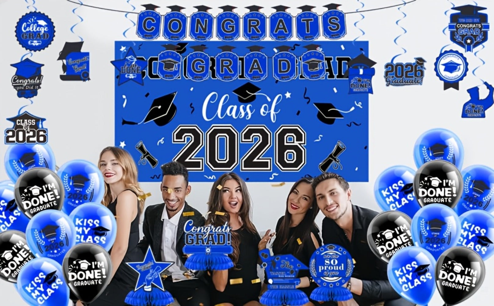 2026 Graduation Decorations Set ¨C Congrats Grad Banner, Backdrop, Hanging Swirls & Honeycomb Table Toppers, Class of 2026 Party Supplies Kit