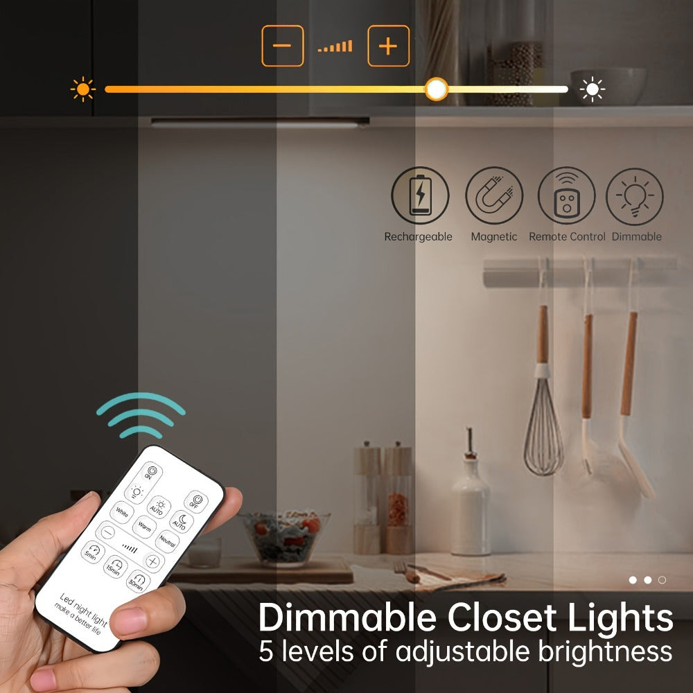 Motion Sensor Cabinet Light LED Under Cabinet Lights USB Rechargeable 3 Color Dimmable with Remote Control Magnetic Wireless Night Light for Kitchen Closet Wardrobe Cupboard Stairs Shelf 2 Pack