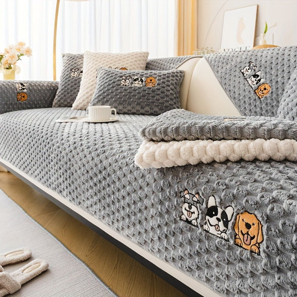 Velvet Sofa Slipcover Honeycomb Texture 1pc - Cute Dog Embroidery Bohemian Style Non-Slip Pet Friendly Machine Washable Polyester Couch Cover | Gray Khaki White | 2 3 4 Seat Living Room Home Decor